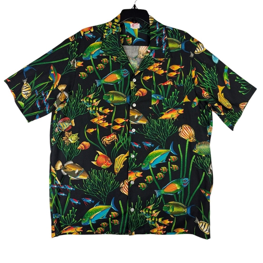 Scorpio Mens Hawaiian‎ Shirt Large Black Tropical Fish Marine Life Made in USA